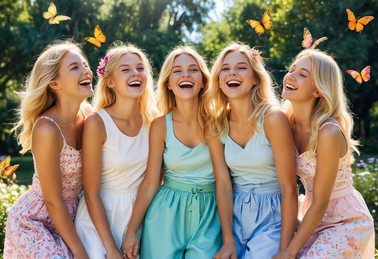 A whimsical scene featuring a group of charming blonde girls laughing together in a sunlit park, surrounded by colorful flowers and playful butterflies. Each girl showcases a humorous pose, their expressions radiating joy and charm, with bright summer outfits. Include soft pastel colors to evoke a light-hearted atmosphere and a hint of sensuality in their playful interactions. illustration, vibrant colors, warm tones.